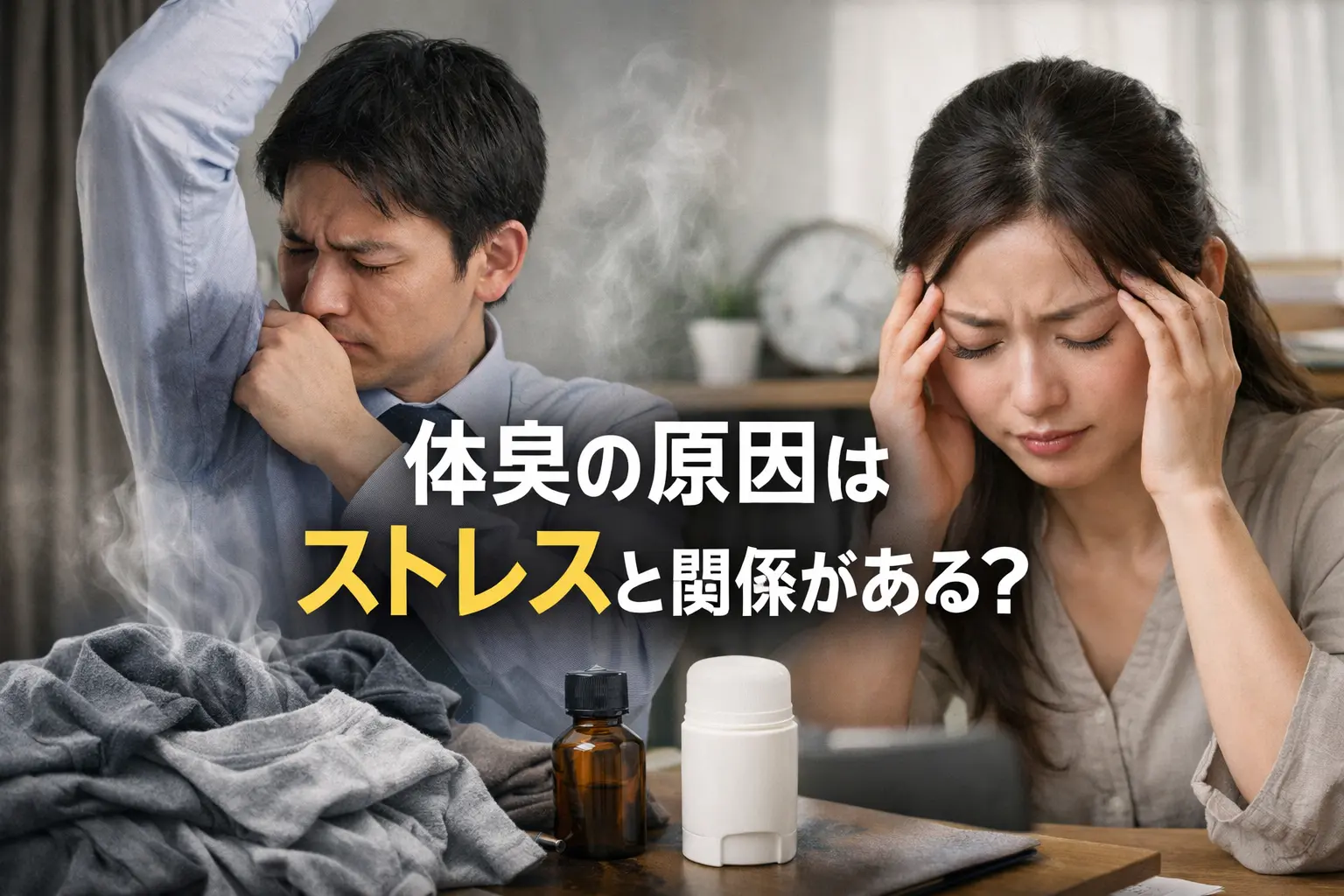 体臭に悩む男性とストレスで頭を抱える女性