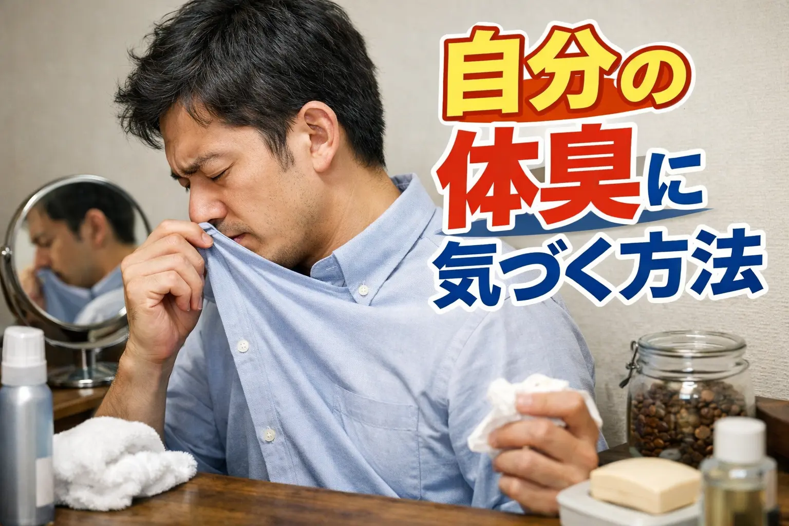 自分が着ているシャツの匂いを嗅ぐ男性